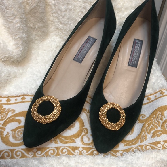 Suede Italy 🇮🇹 Pine Green Heels 7.5 m vintage Holidays ✨Festive ✨ So unique ✨ - Picture 2 of 10